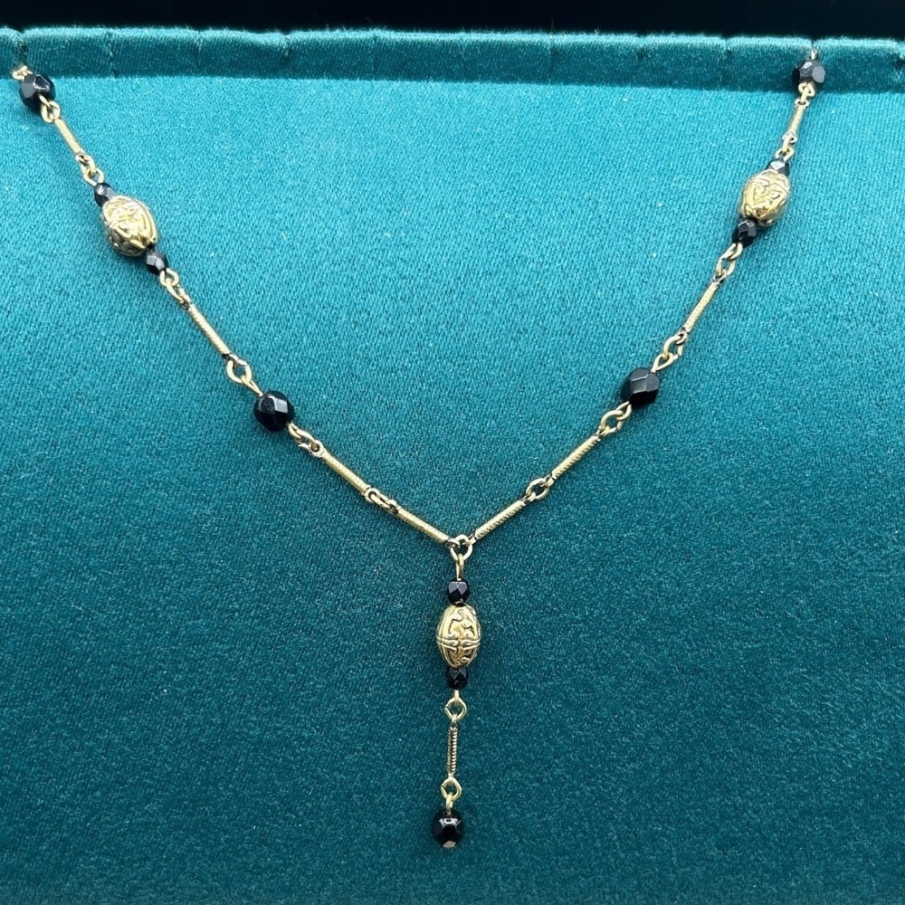 Vintage Gold Black Beaded Y Necklace Elegant Filigree Drop Design 15in